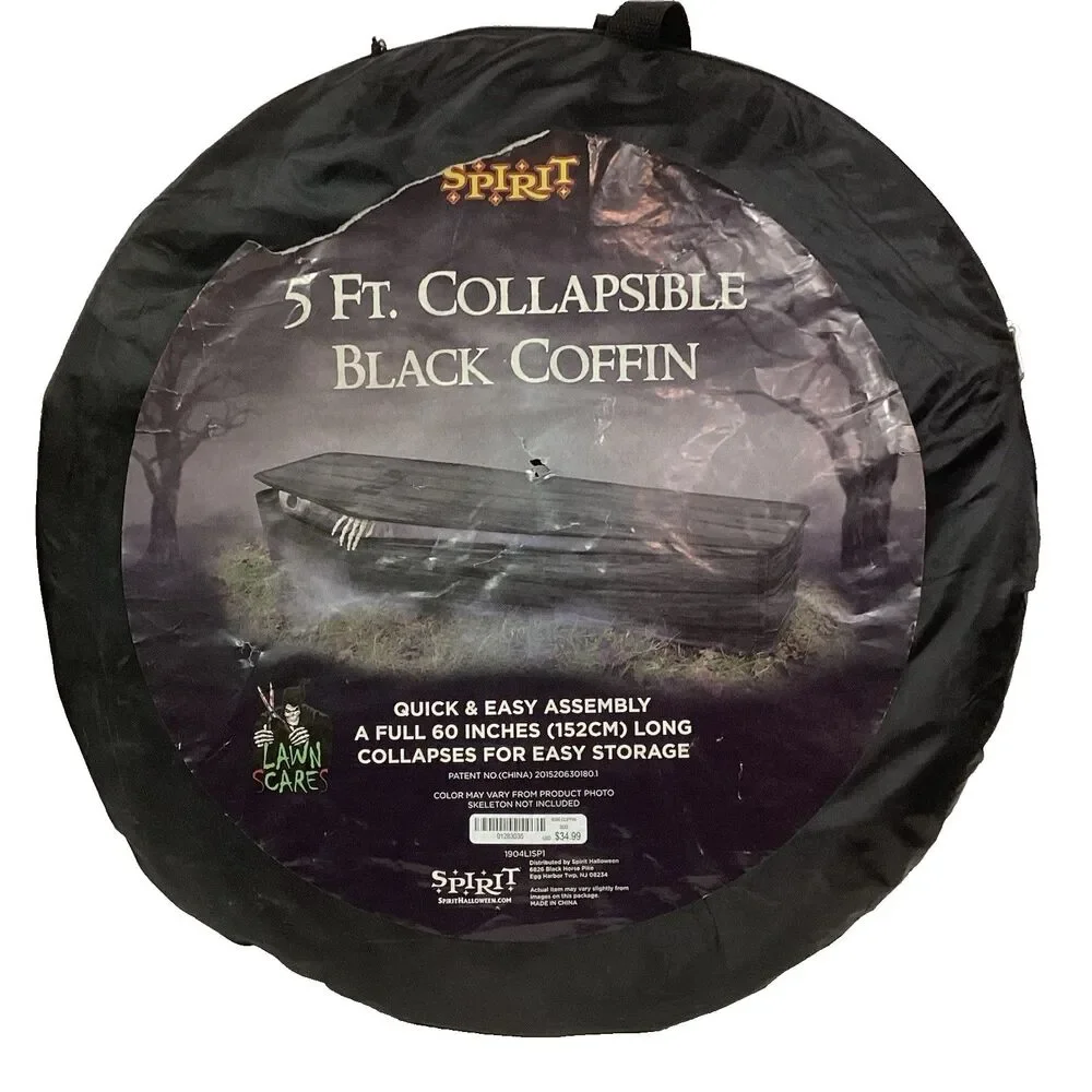 Spirit Halloween 5ft Black Collapsible Coffin w/Storage Bag Quick Easy Assembly